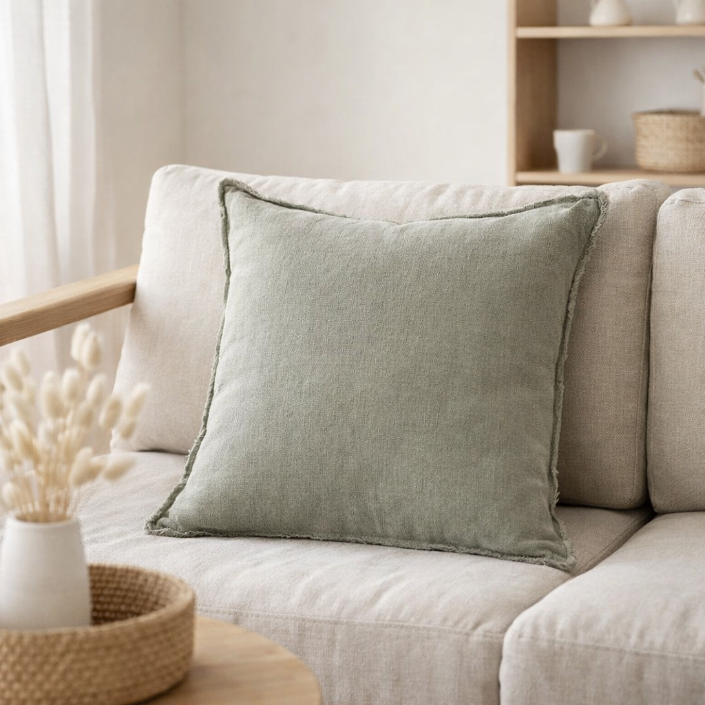 Coussin J-Line Stonewashed - lin - vert en situation