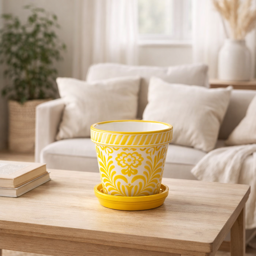 J -line Flowerpot Grenade - Céramique - Jaune - Small - Ø 21 cm en situation