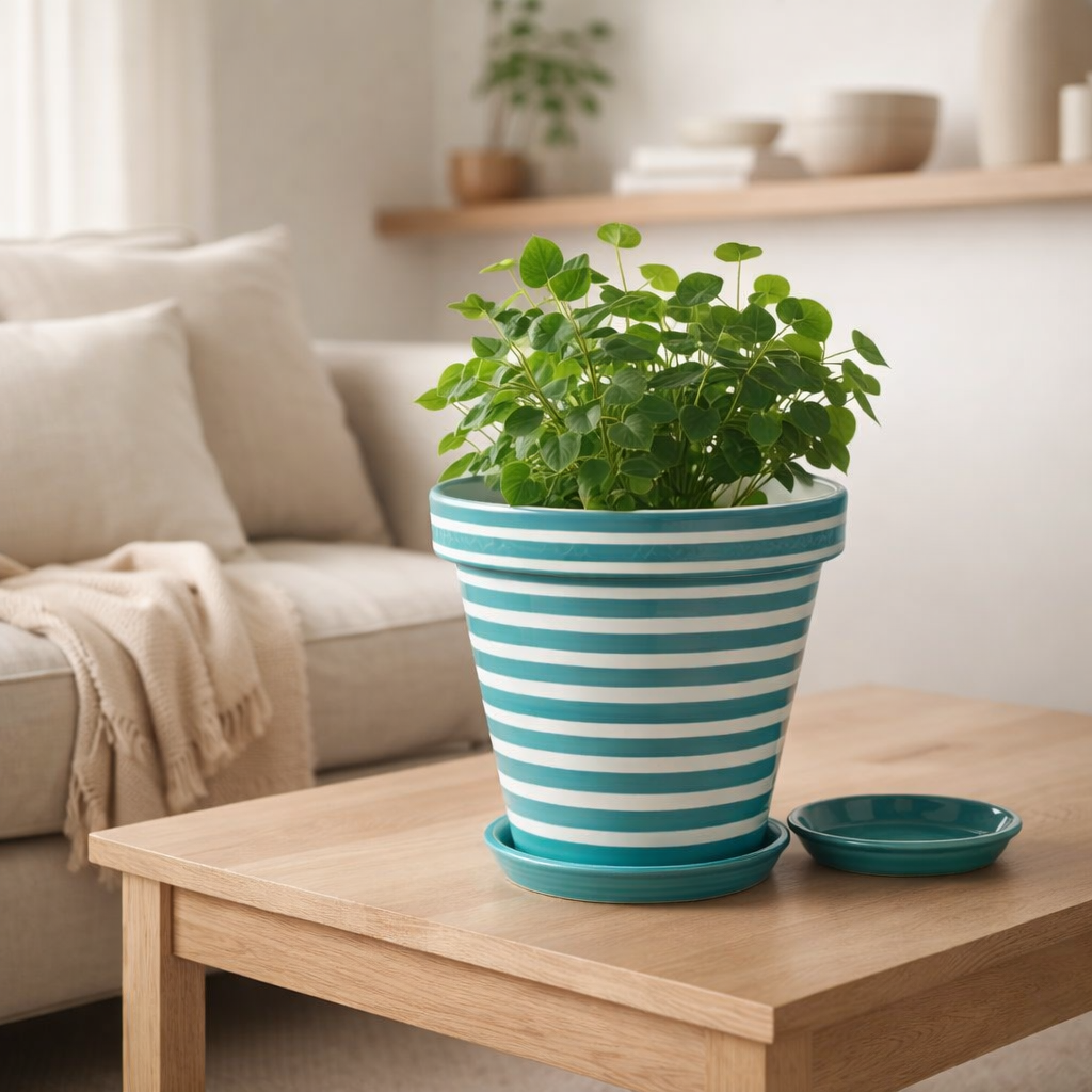 J-Lline Flowerpot Grenade Stripes - Céramique - Aqua - Large - Ø 35 cm en situation