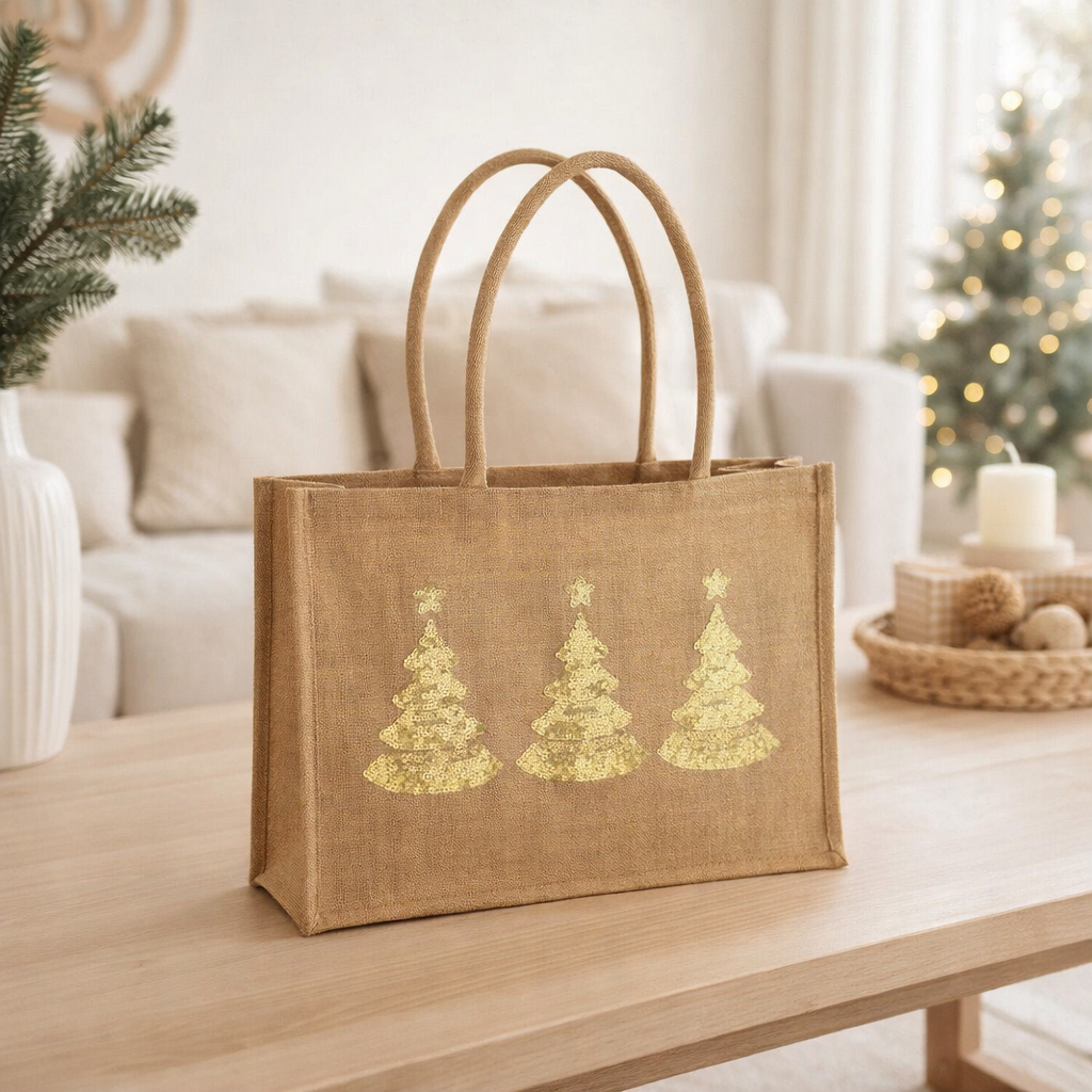 Sac J-Line 3 sapins de Noël - jute - naturel/or en situation