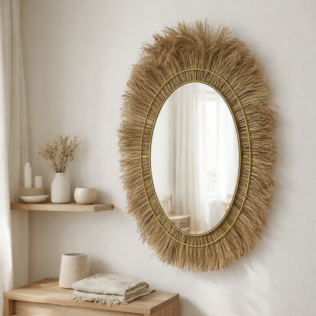 J-line miroir ovale tressé - Grass - Natural - 74 x 100 cm en situation
