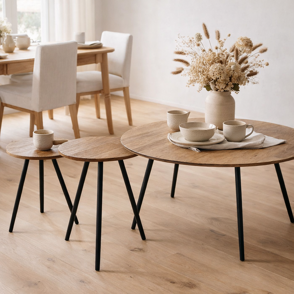 Table J-Line Ronde Teck Recyclé - bois - naturel en situation