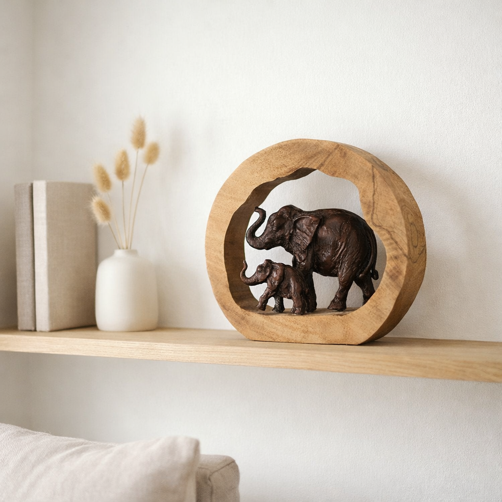 J -line Decoration Figure Elephant + Child - Wood / Aluminium - Bronze - L en situation