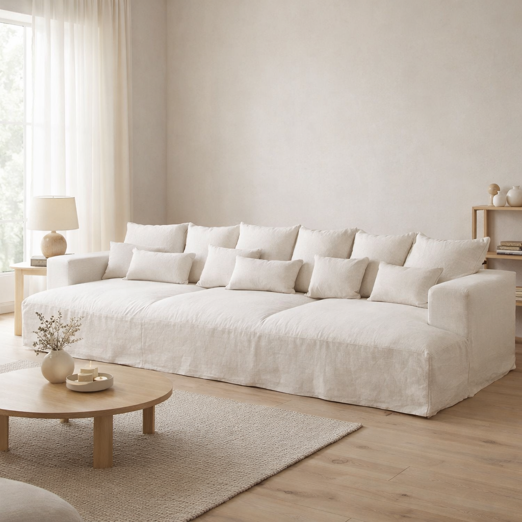 J-Line Housse de Canapé + 9 Coussins Deep Monaco Lin XXL Guimauve Blanc en situation
