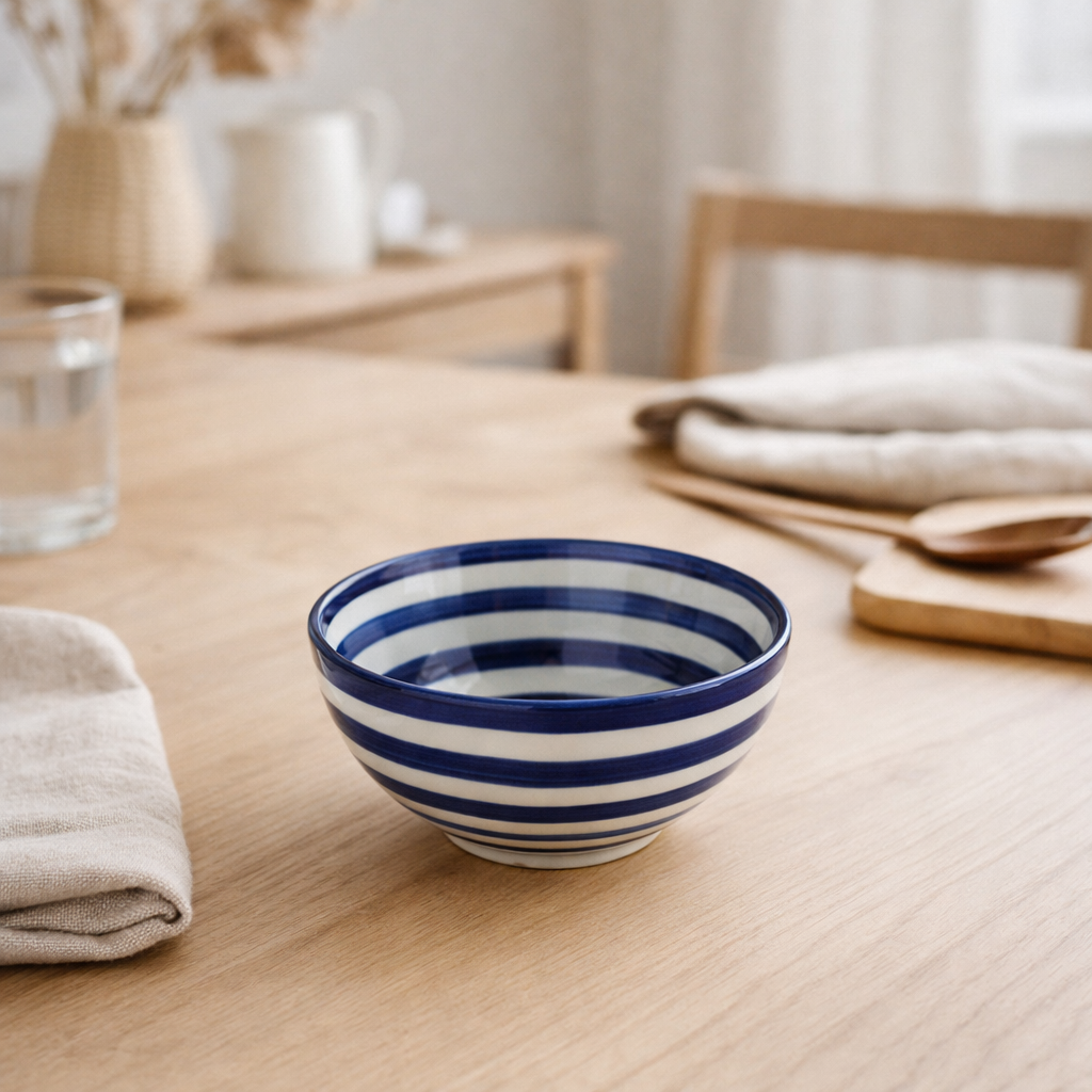 J -line Kom Grenada Stripes - Céramique - Blanc / Bleu - S - Ø 14 cm en situation