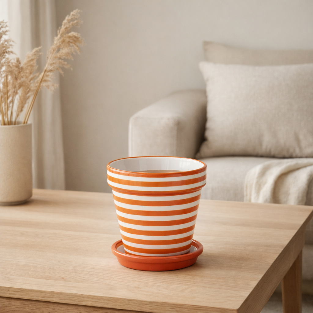 J-Line Flowerpot Granada Stripes - Céramique - Orange - Small - Ø 21 cm en situation
