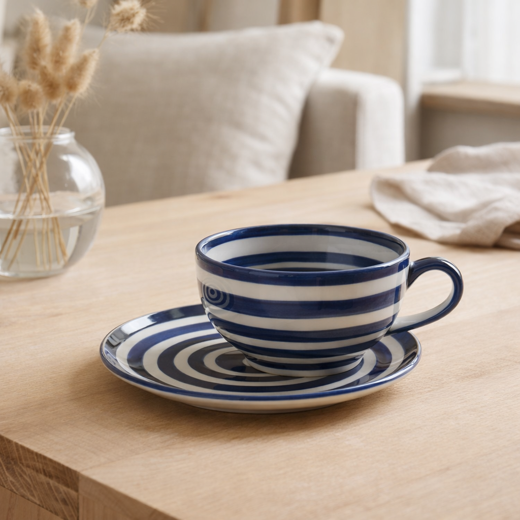 J -line Head + Saucer Granada Stripes - Céramique - Blanc / Bleu en situation