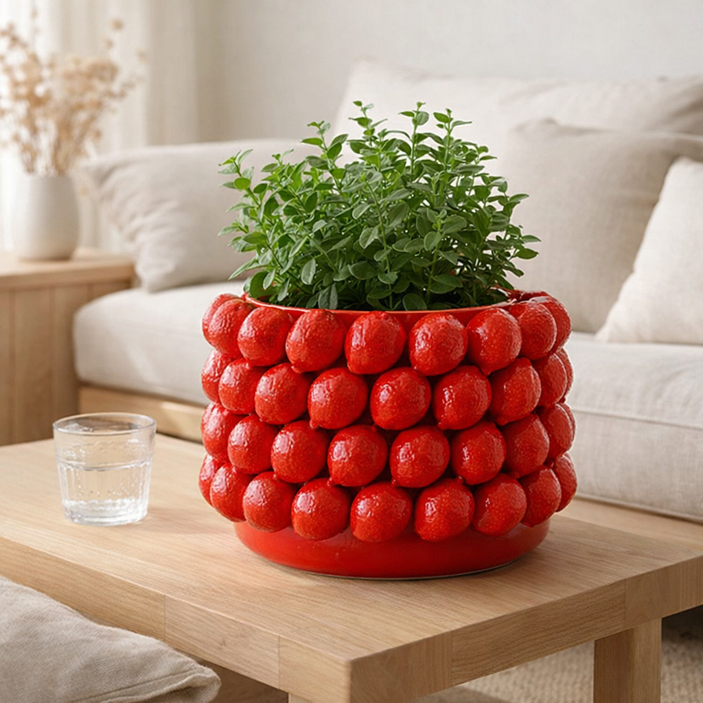 J -line Flowerpot Lime - Céramique - Rouge - Extra Large - Ø 36 cm en situation