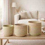 J-Line Lot de 3 Corbeilles Rayures Jonc de Mer Naturel/Vert en situation