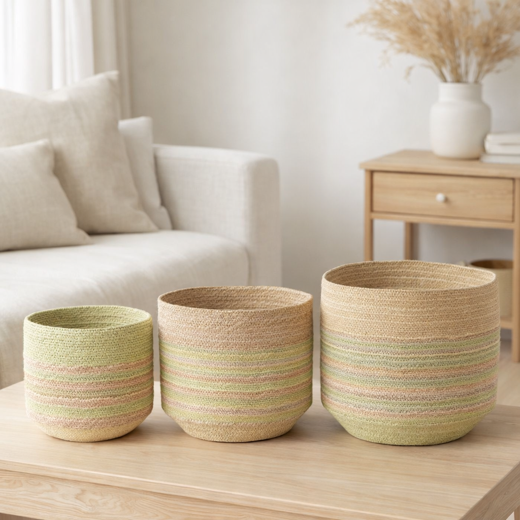 J-Line Lot de 3 Corbeilles Rayures Jonc de Mer Naturel/Vert en situation