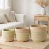 J-Line Lot de 3 Corbeilles Rayures Jonc de Mer Naturel/Vert en situation