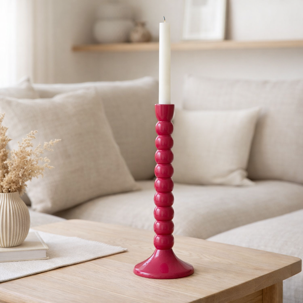 Bougeoir J-Line Bois de Manguier Fuschia en situation