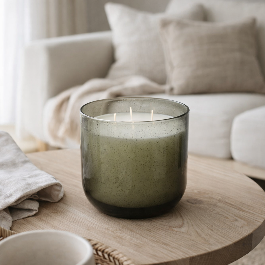 Bougie parfumée J-Line olive & encens franc - cire - vert - moyen - 75U en situation