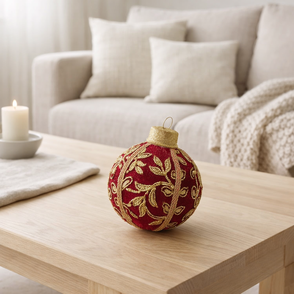 Motif boule de Noël J-Line - polyfoam/textile - rouge/or - petit en situation