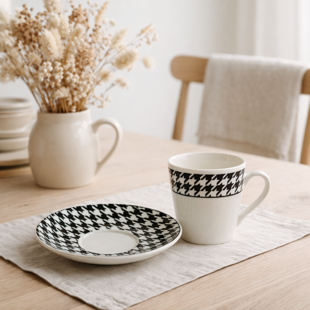 J-Line tasse + soucoupe Pied-Poule - porcelaine - blanc - lot de 4 en situation