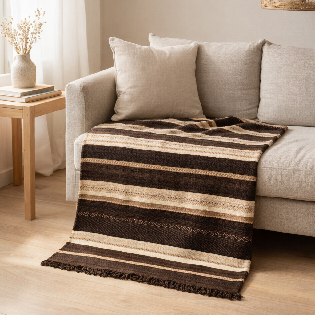 J-Line Plaid ethnique - coton - marron/noir/beige - 90 x 150 cm en situation