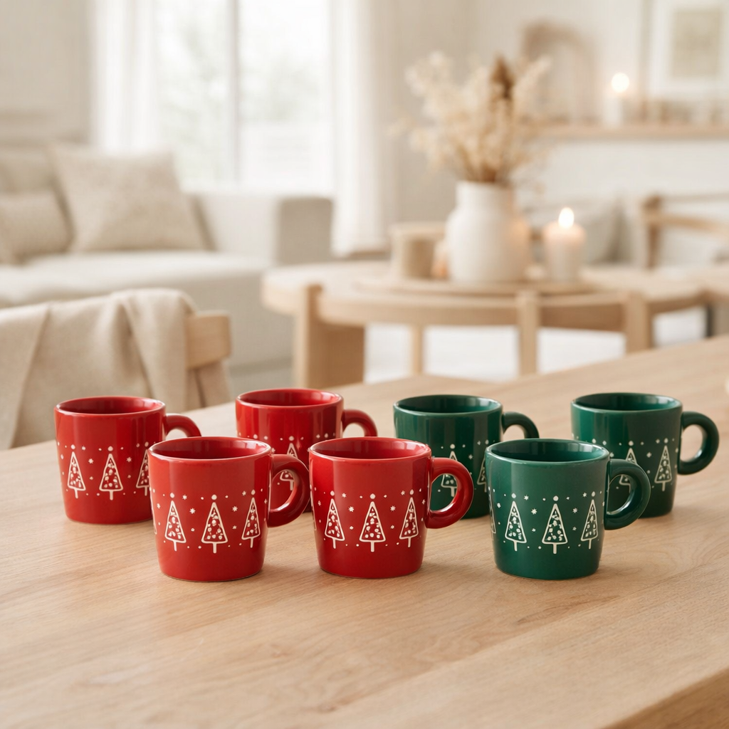 Tasse de Noël J-Line - céramique - rouge/vert - lot de 6 en situation