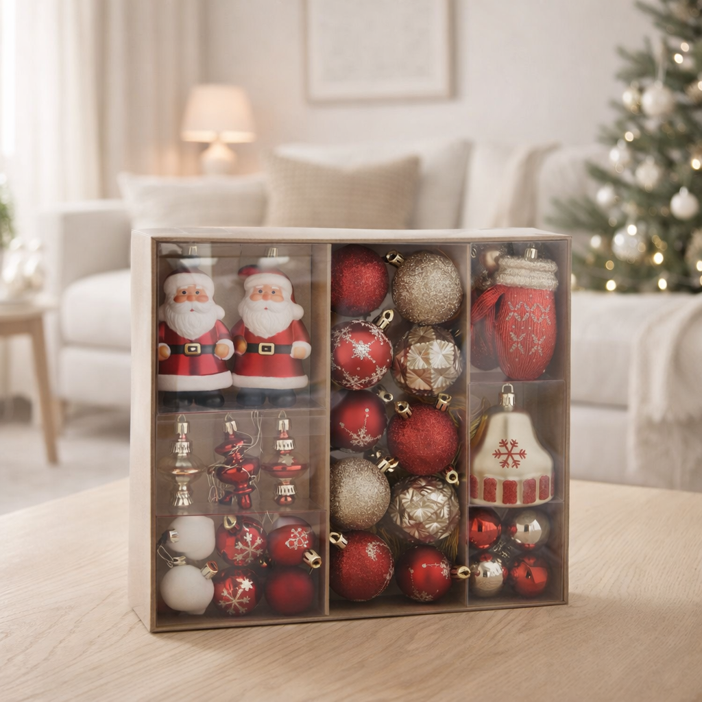 Boule de Noël J-Line - plastique - rouge/or - boîte de 45 en situation