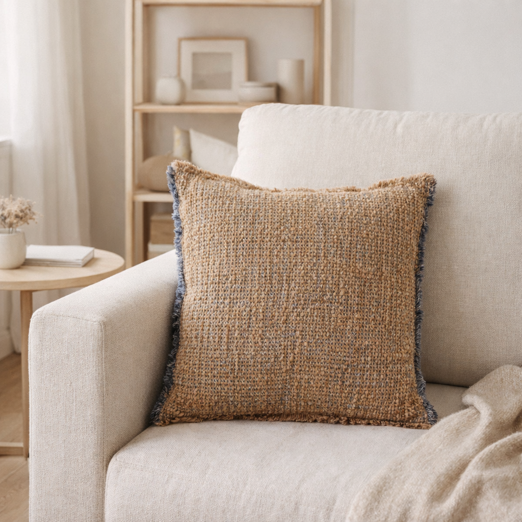Coussin J-Line Bords Effilochés Polyester/Coton Marron Clair/Bleu en situation