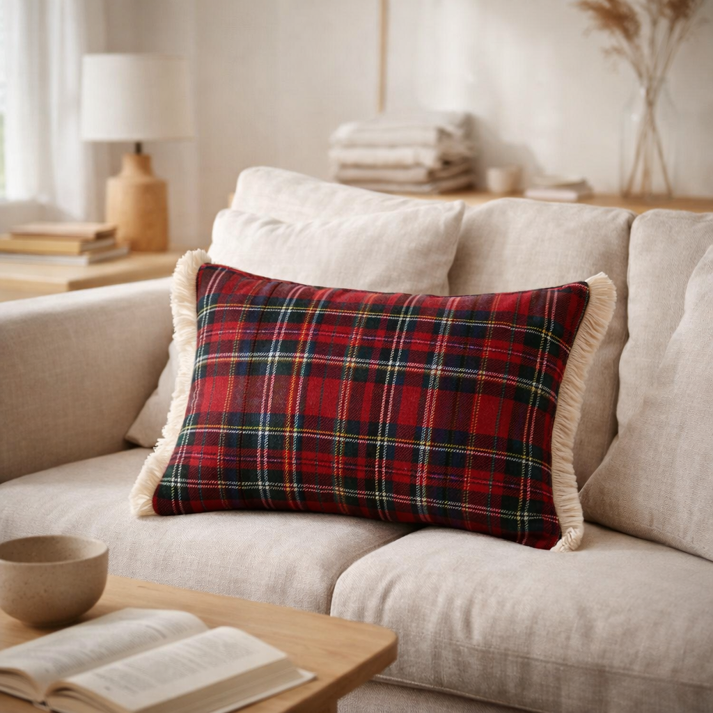 Coussin J-Line Check Bonheur - polyester - rouge/vert en situation