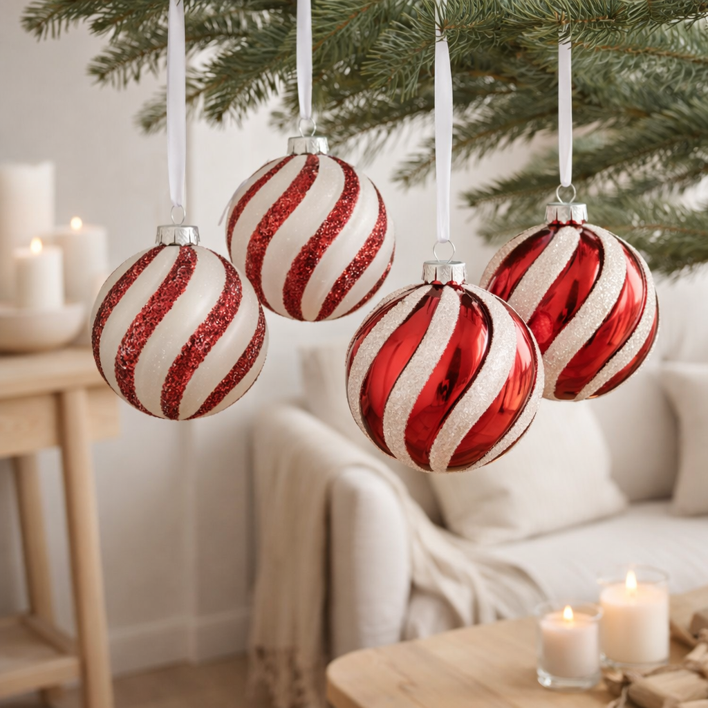 Boule de Noël J-Line - verre - blanc/rouge - grande - boîte de 4 en situation