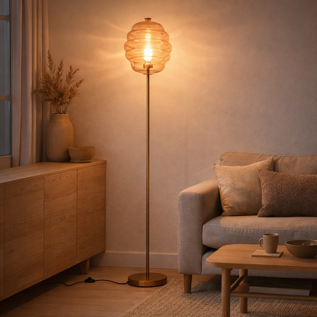 Lampadaire J-Line Bijenkorf - verre - cognac clair en situation