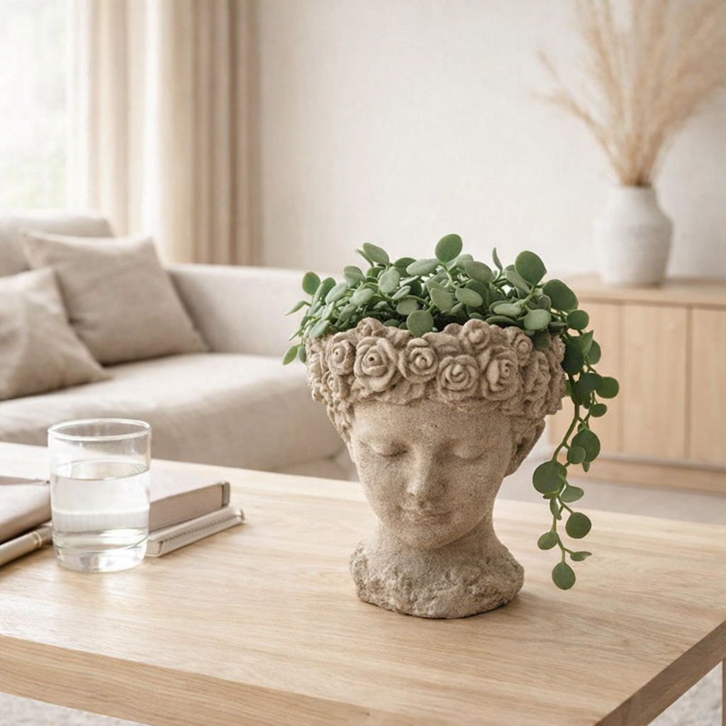 J-Line Pot de Fleurs Antique Poly Naturel Petit en situation