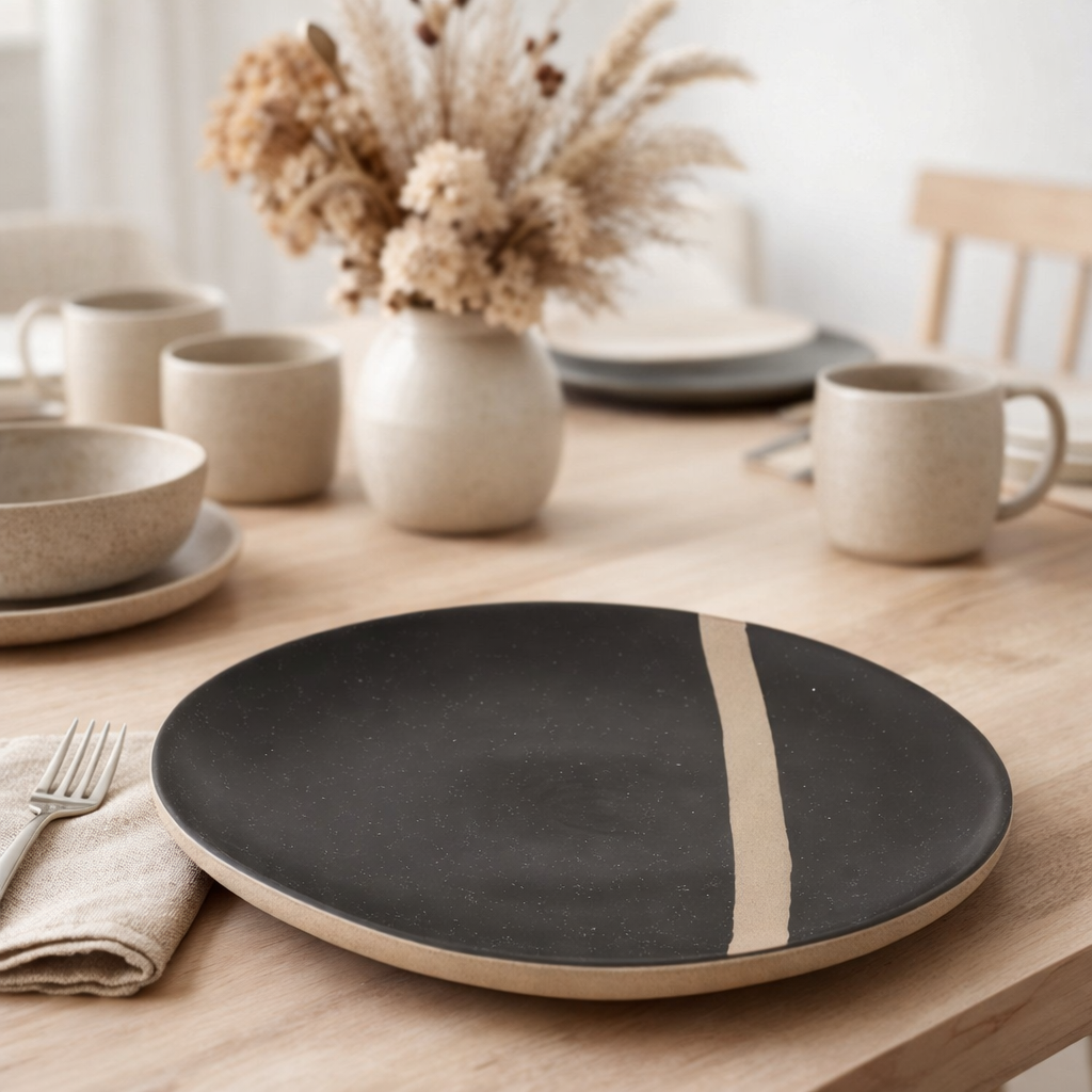 Assiette J-Line - céramique - noir/taupe - grande en situation