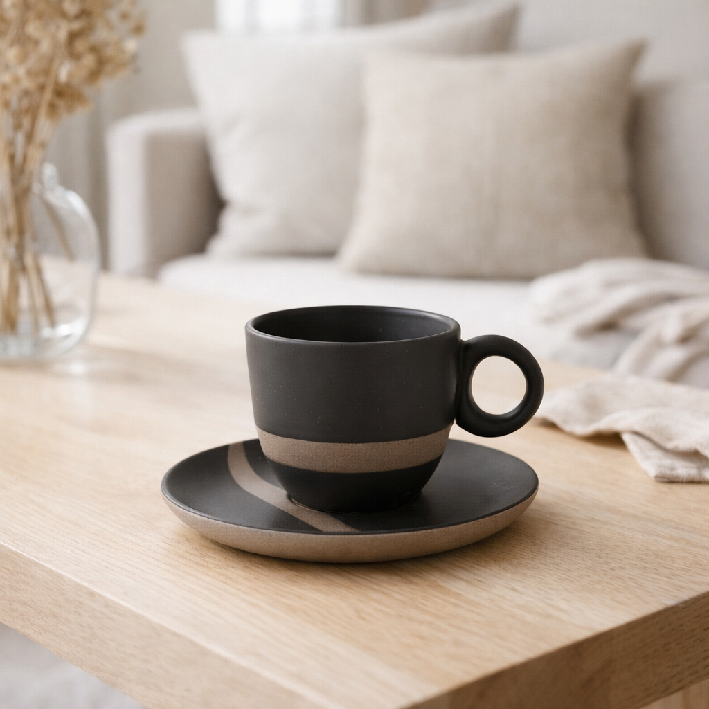 Tasse à thé + soucoupe J-Line - céramique - noir/taupe en situation