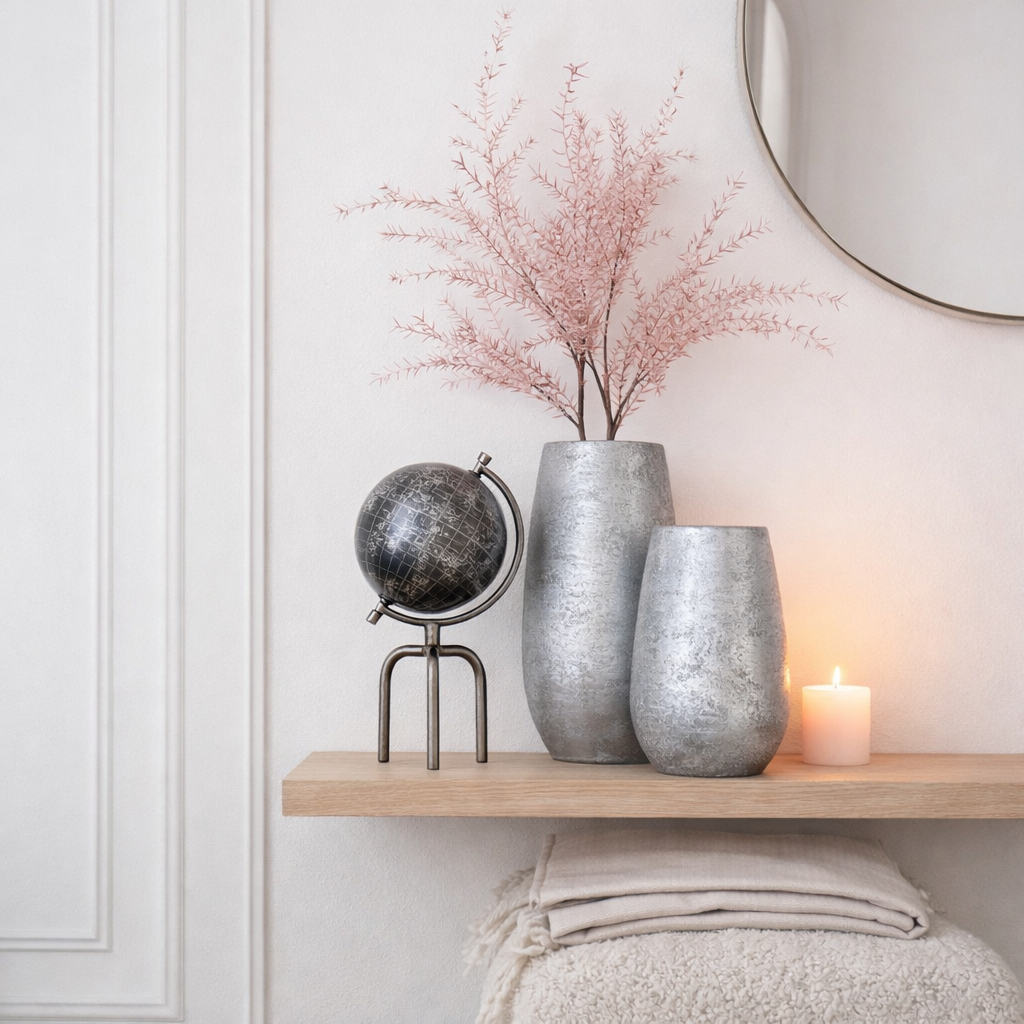 J-Line Vase Inégal Céramique Brute Argenté Petit - 31 cm de haut en situation