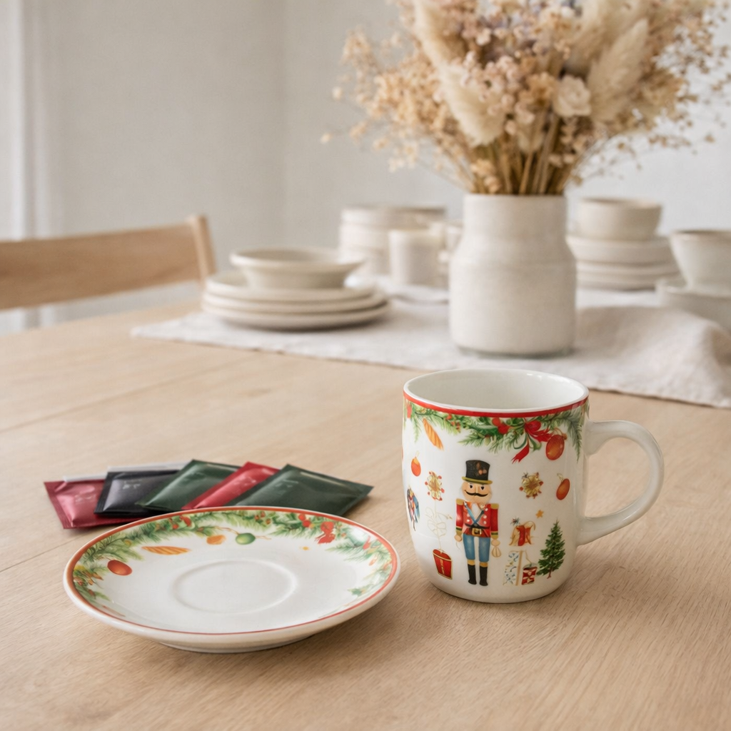 J-Line Coffret 4 Sachets + Assiette Casse-Noisette Céramique Blanc en situation