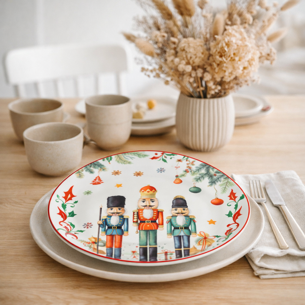 J-Line Assiette Casse-Noisette Ronde Coffret Cadeau Céramique Blanc Grand en situation