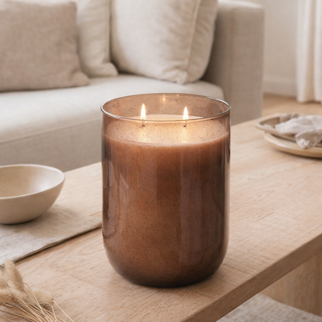 Bougie parfumée J-Line Li-ly Land - cire - marron - grande - 80U en situation