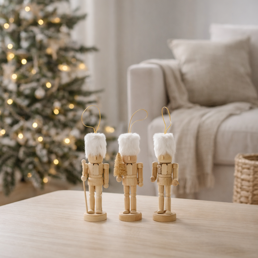 J-Line Pendentif de Noël Casse-Noisette - bois/fourrure - naturel/blanc - boîte de 3 en situation