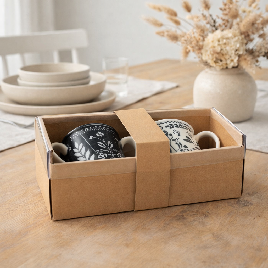 J-Line Box 2 tasses Feuilles en céramique noir / blanc en situation