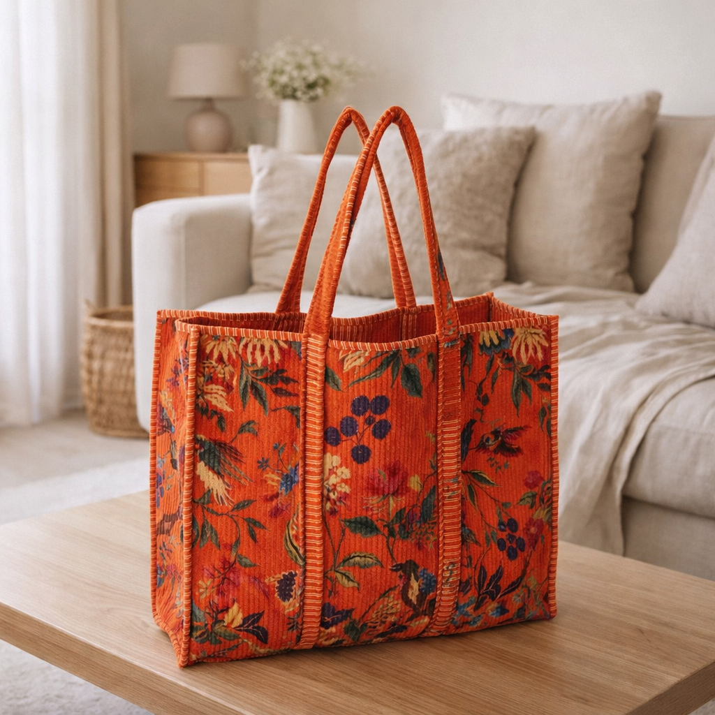Oiseaux de sac J-line / Velvet de coton floral orange en situation