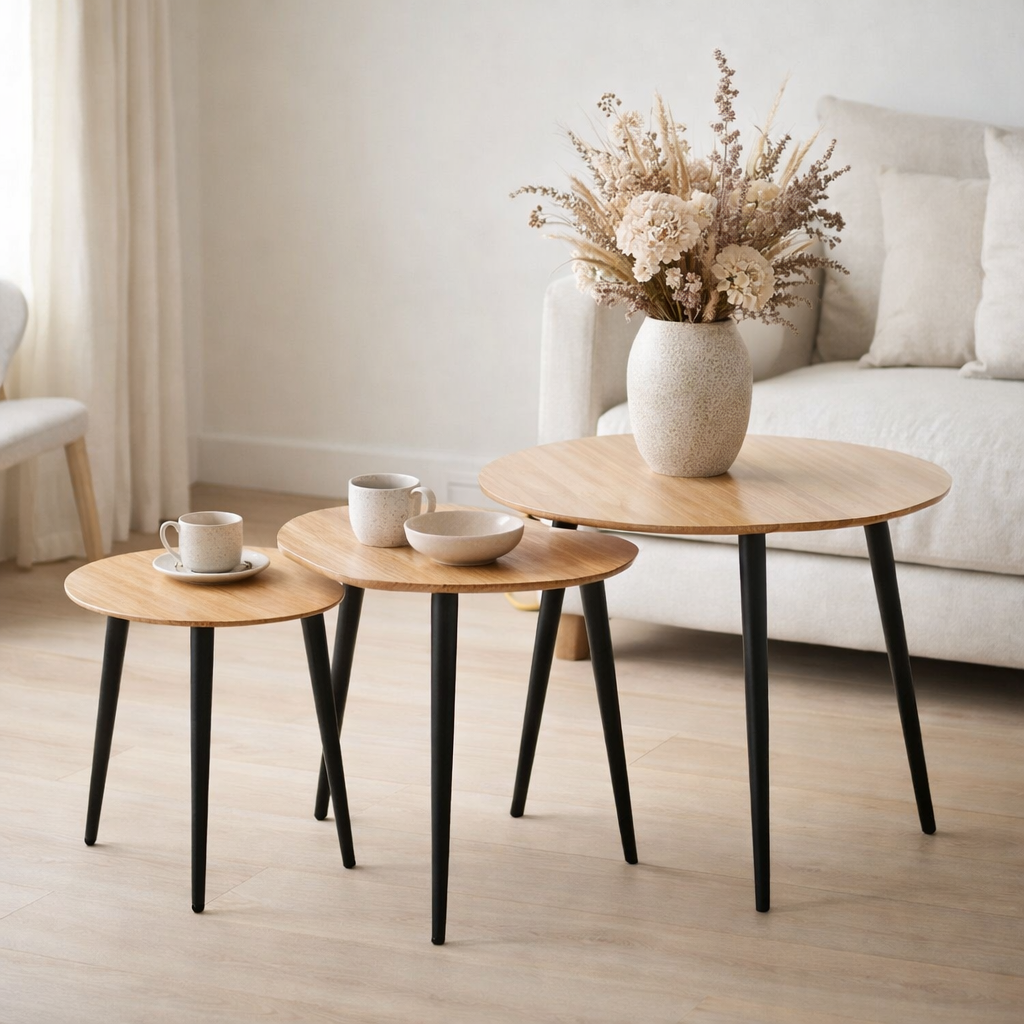 Table d'appoint J-Line Palet - bambou/métal - naturel/noir - lot de 3 en situation