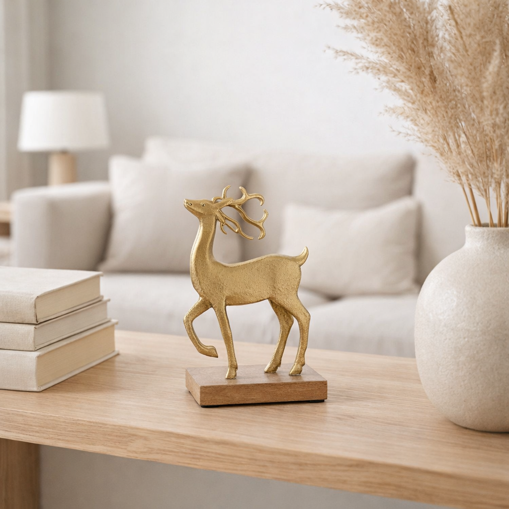 J-line Figure Rendeer à pied - Aluminium / bois - Gold - Small en situation