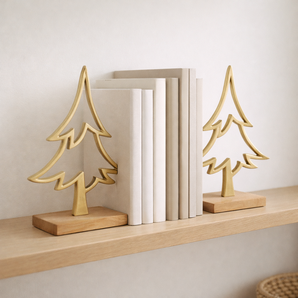 J -line Decoration Denneboom à pied - aluminium / bois - or - grand en situation