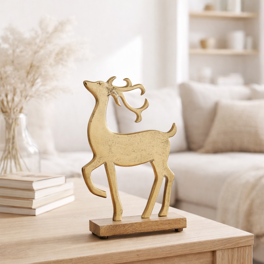 J-line Figure Rendeer à pied - Aluminium / bois - Gold - Large en situation