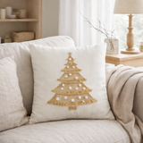 J-Line coussin Sapin de Noël Franges + pompons - coton - blanc/doré en situation