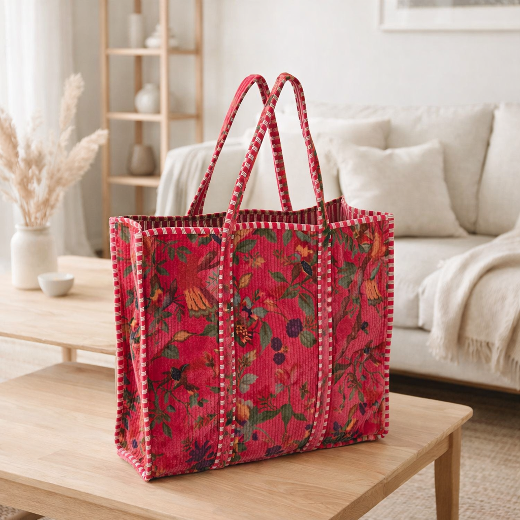 Oiseaux de sac J-line / Velvet de coton floral rose en situation