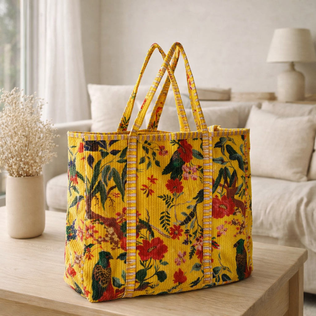Joue d'oiseaux de sac J-line / Velvet de coton floral jaune en situation