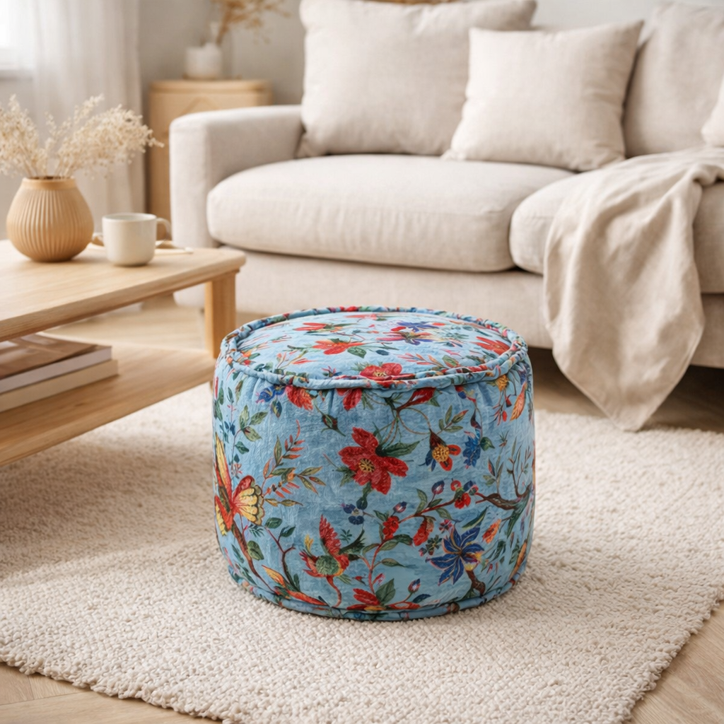 Pouf J-line autour des oiseaux / fleurs Coton Velvet bleu en situation
