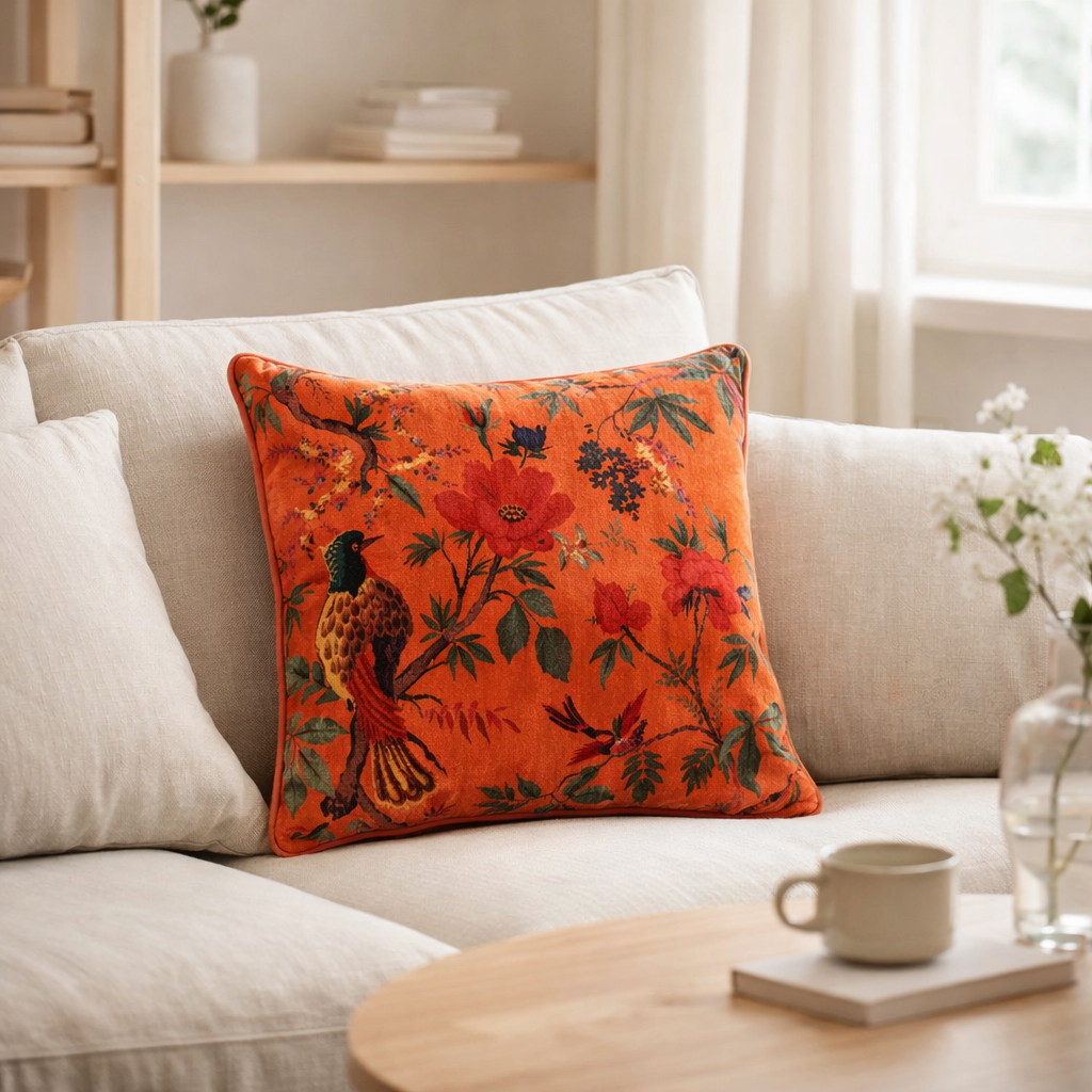 Oiseaux d'oreiller en j-line / Velvet de coton floral orange en situation