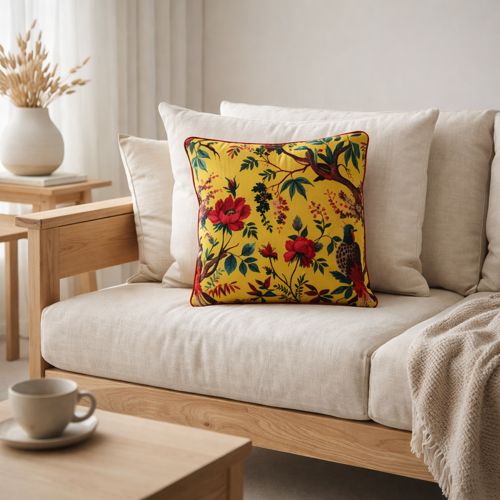 Birds de coussin en j-line / Velvet de coton floral jaune en situation