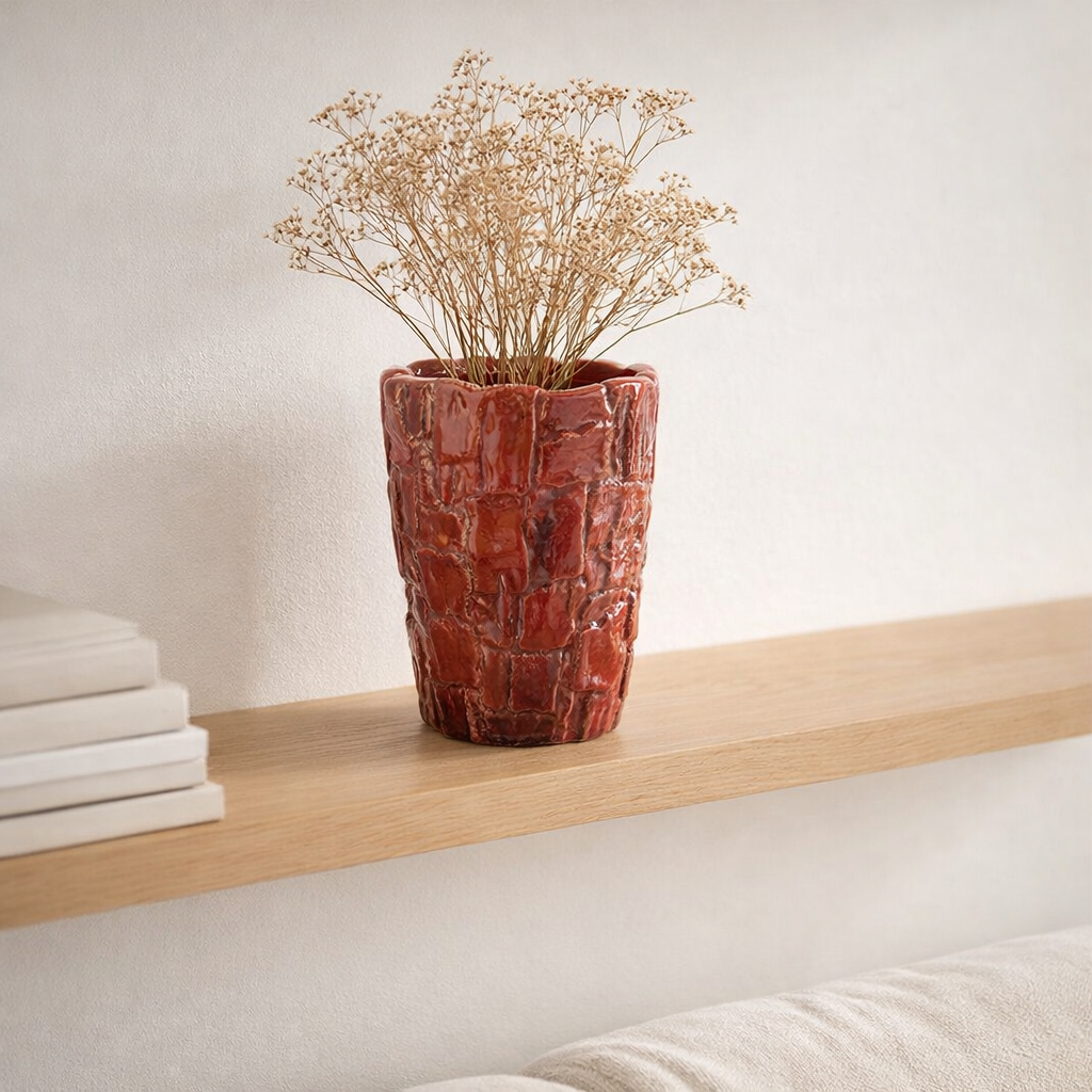 Vase J-Line Akane - céramique - rouge - petit - Ø 17,5 cm en situation