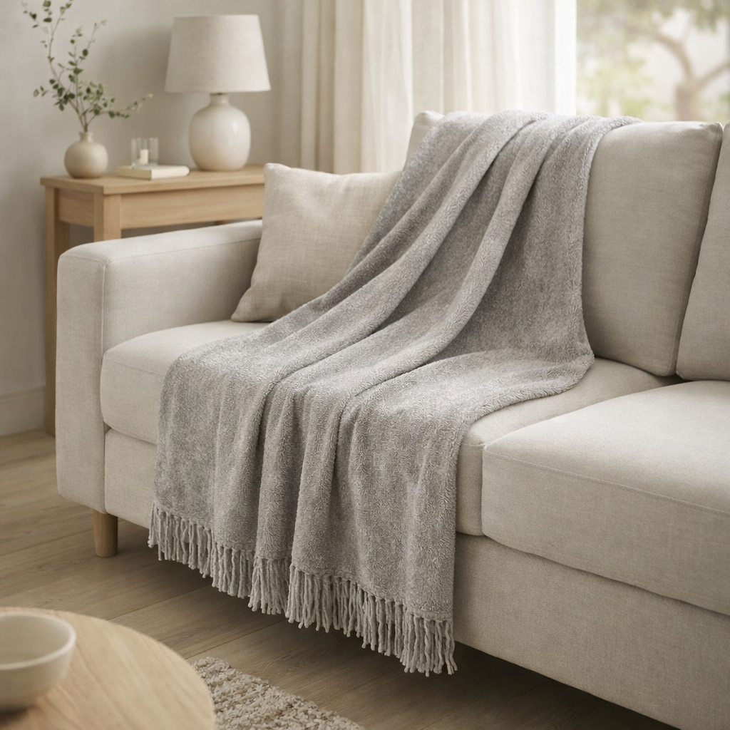 Couverture J-Line Chenille - polyester - gris en situation