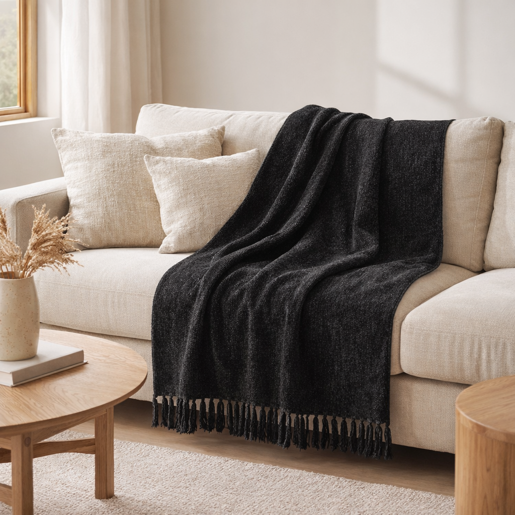 Couverture J-Line Chenille - polyester - noir en situation