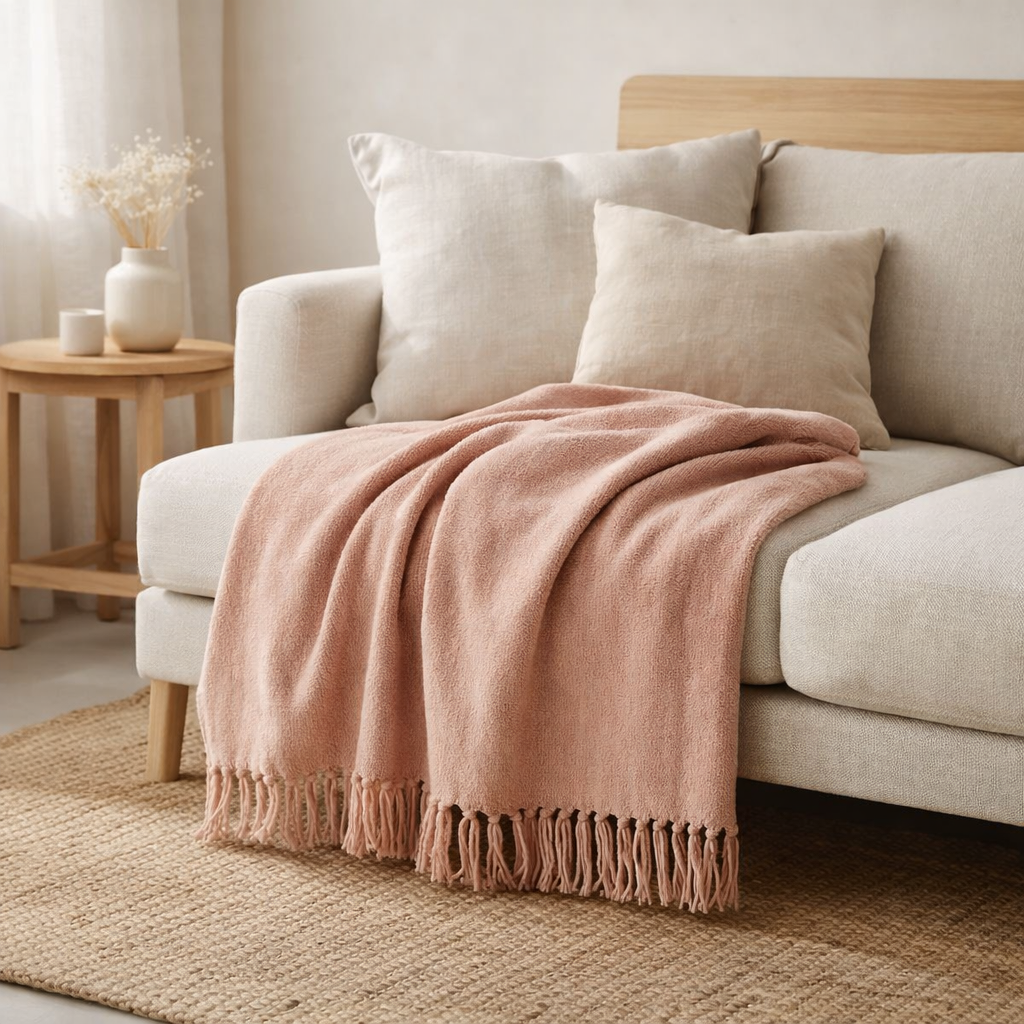 Couverture J-Line Chenille - polyester - rose en situation